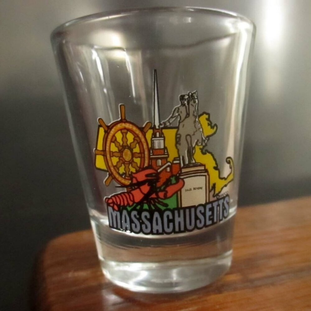 Vtg MASSACHUSETTS Enameled Shot Glass Collectible Souvenir Barware